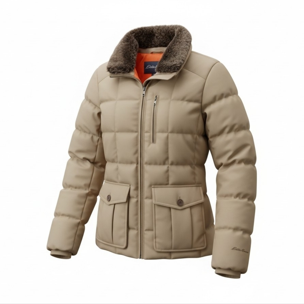 Eddie Bauer Beige Puffer Jacket with Faux Fur Collar